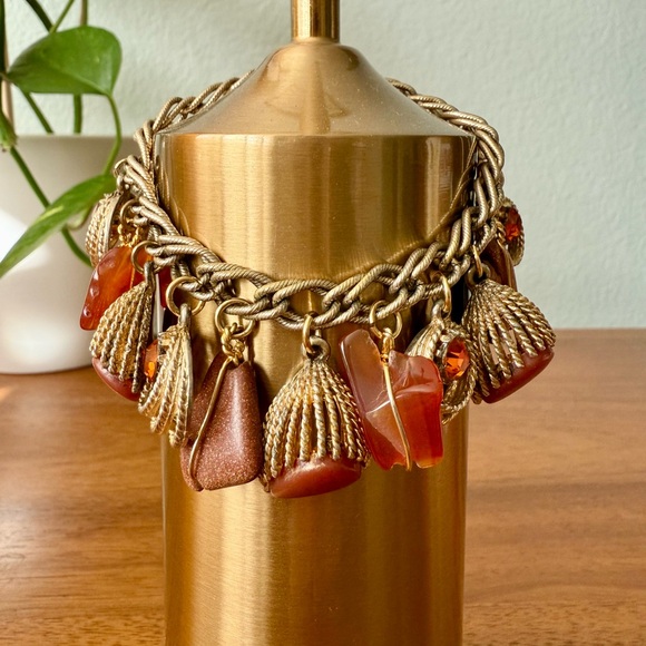 Vintage Jewelry - Vintage MCM Dangling Charm Bracelet Chunky Orange Rhinestones Goldstone 60’s